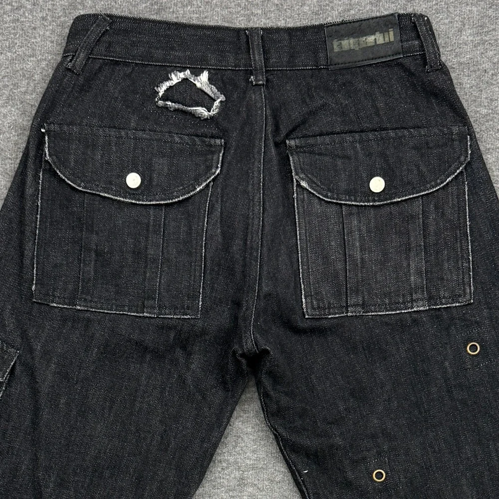 FAITPARLUI Les Demons Portent Cargo Pants Mens 28x30 Black Selvedge Denim Wide *